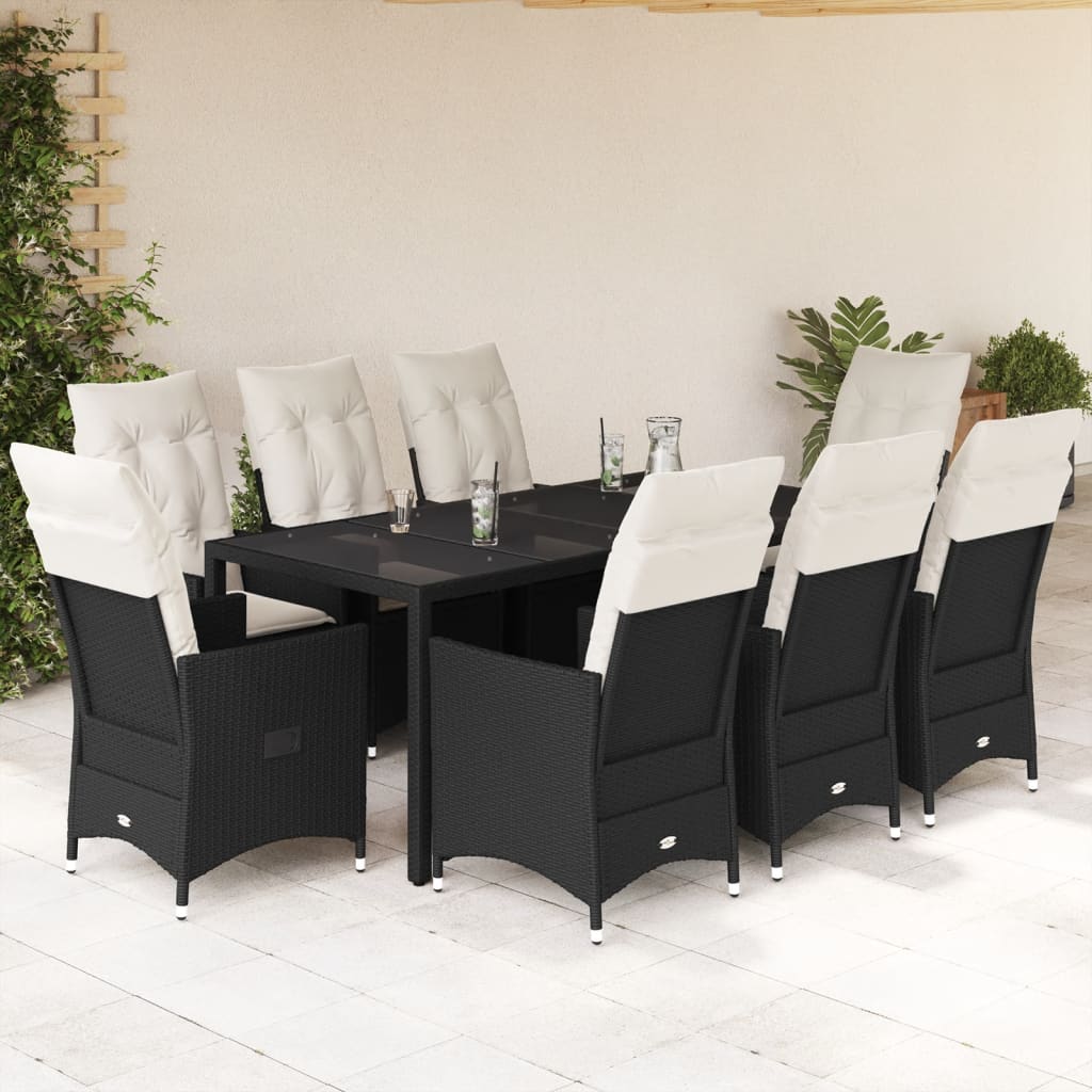 Set mobilier de gradina cu perne, 9 piese, negru, poliratan — imaginea 2