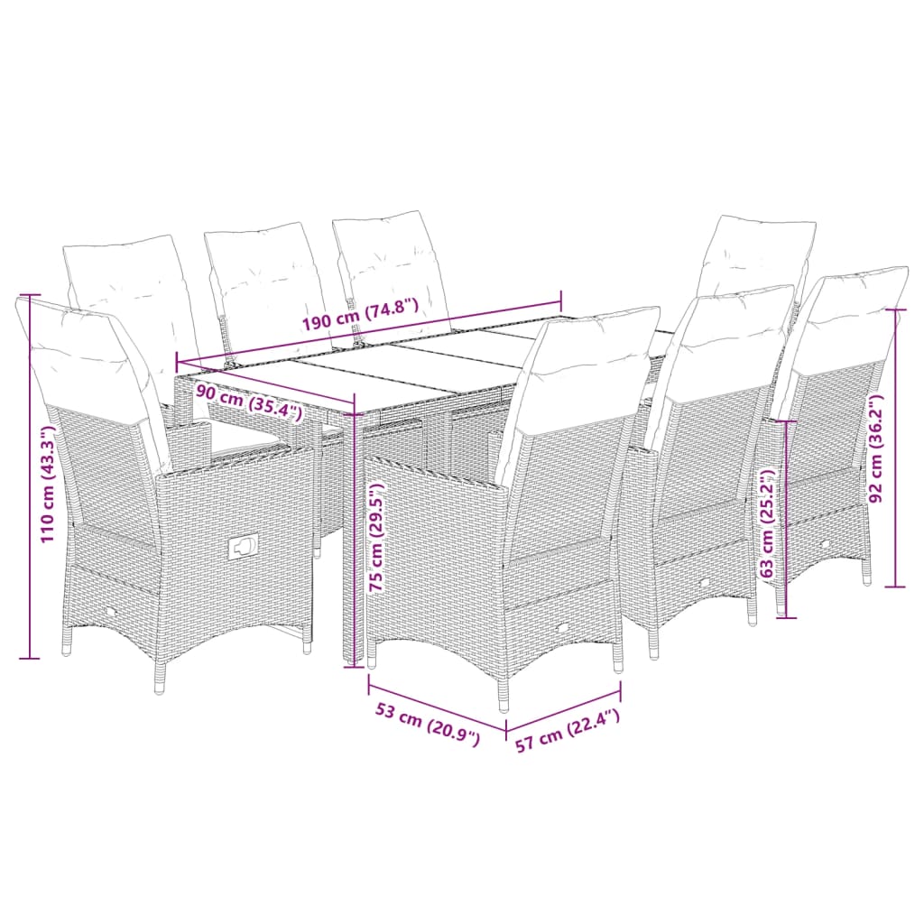Set mobilier de gradina cu perne, 9 piese, maro, poliratan — imaginea 9