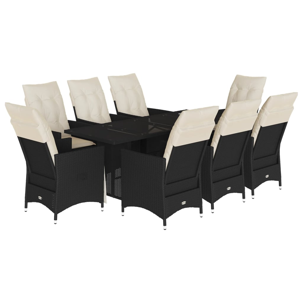 Set mobilier de gradina cu perne, 9 piese, negru, poliratan
