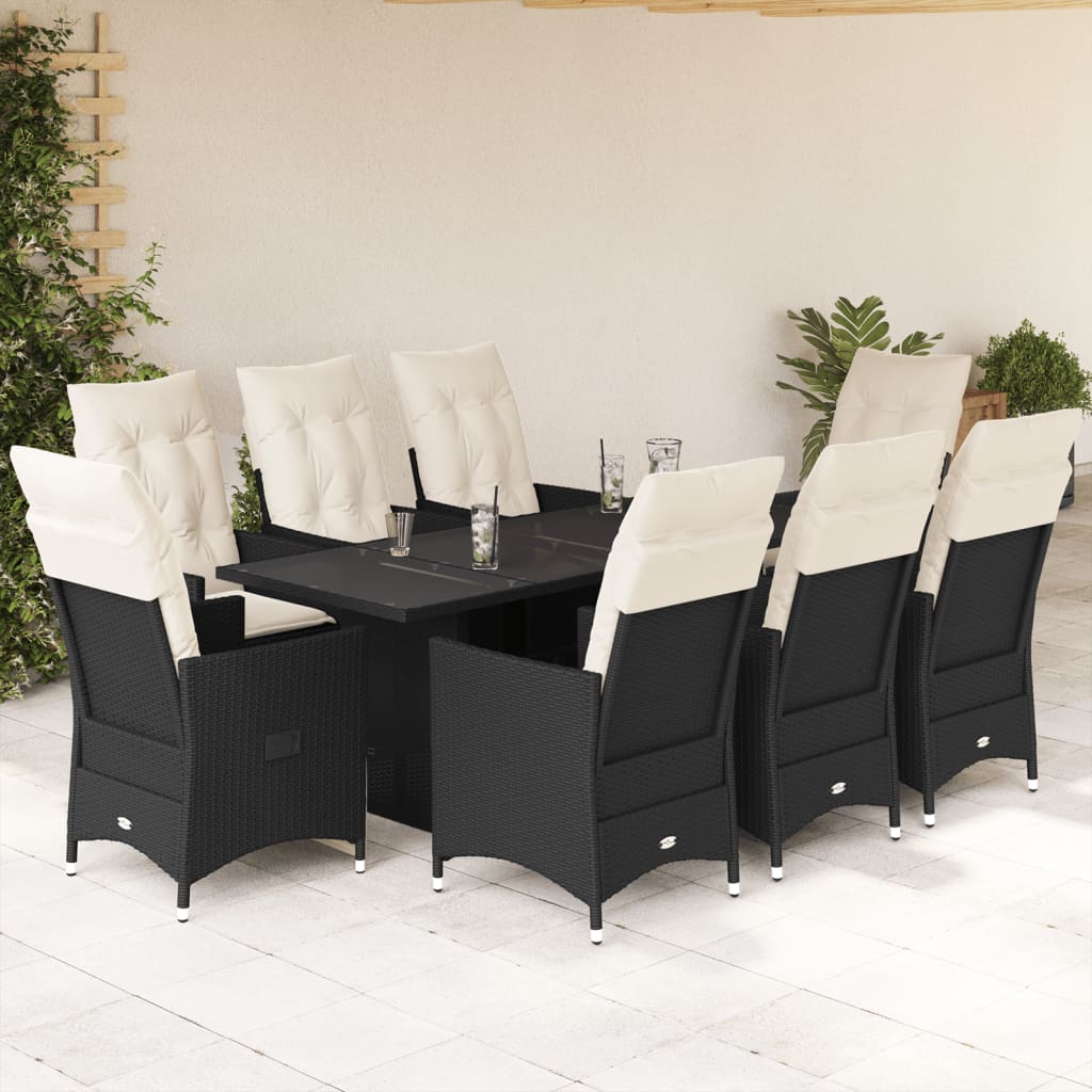 Set mobilier de gradina cu perne, 9 piese, negru, poliratan — imaginea 2