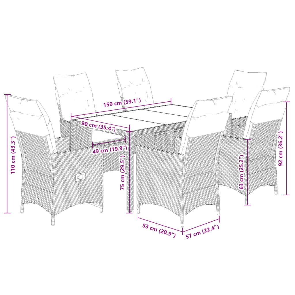 Set mobilier de gradina cu perne, 7 piese, gri, poliratan — imaginea 9