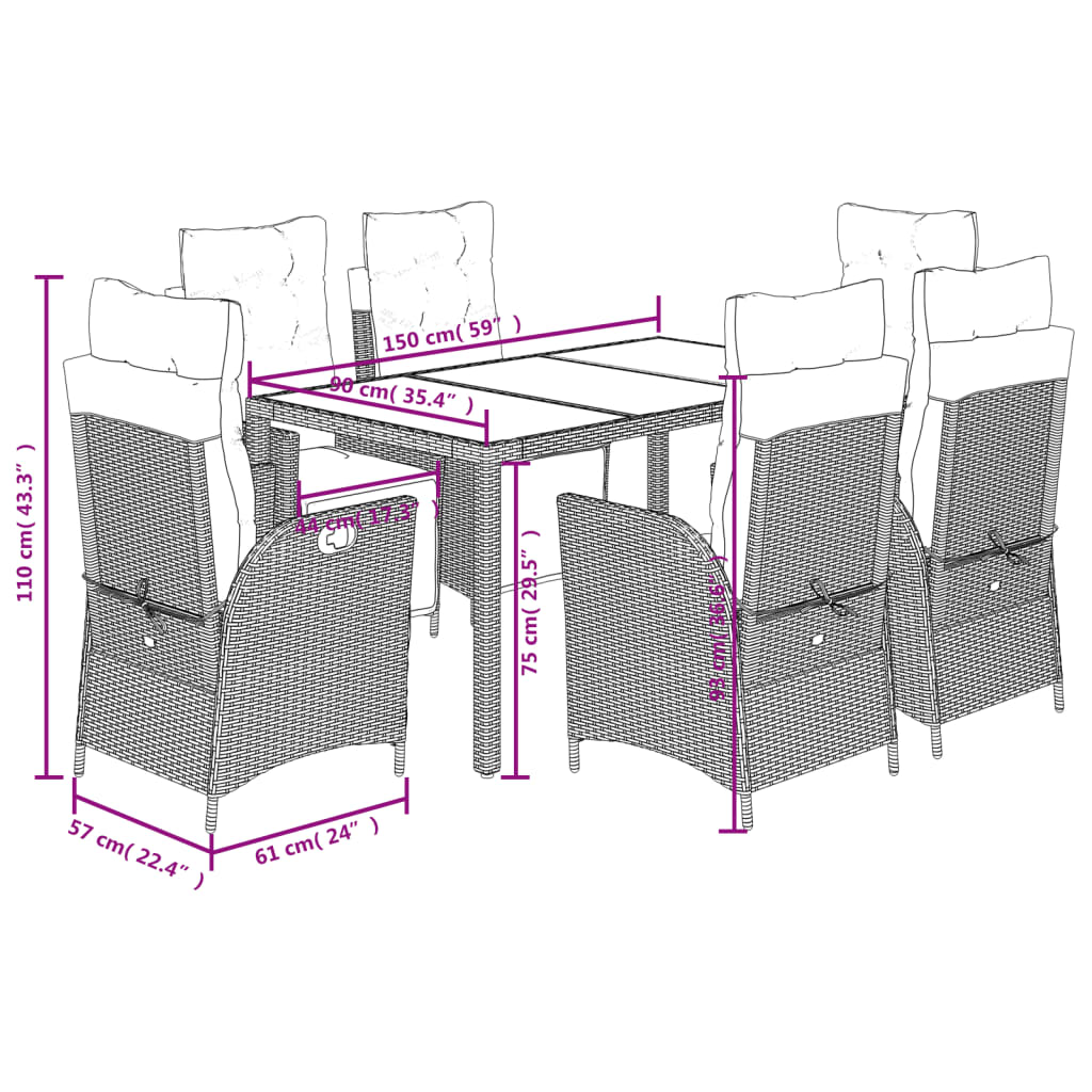 Set mobilier de gradina cu perne, 7 piese, negru, poliratan — imaginea 12