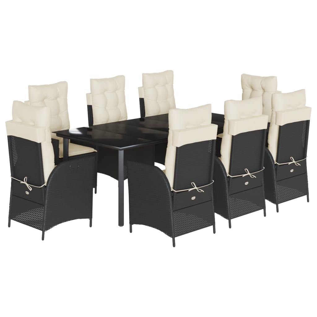 Set mobilier de gradina cu perne, 9 piese, negru, poliratan