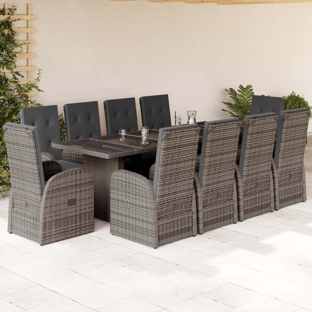 Set mobilier de gradina cu perne, 11 piese, gri, poliratan — imaginea 2