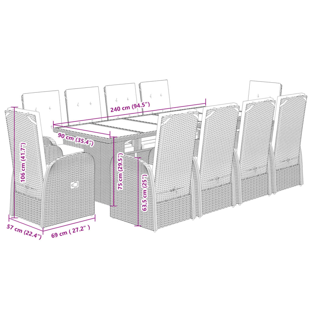 Set mobilier de gradina cu perne, 11 piese, gri, poliratan — imaginea 7