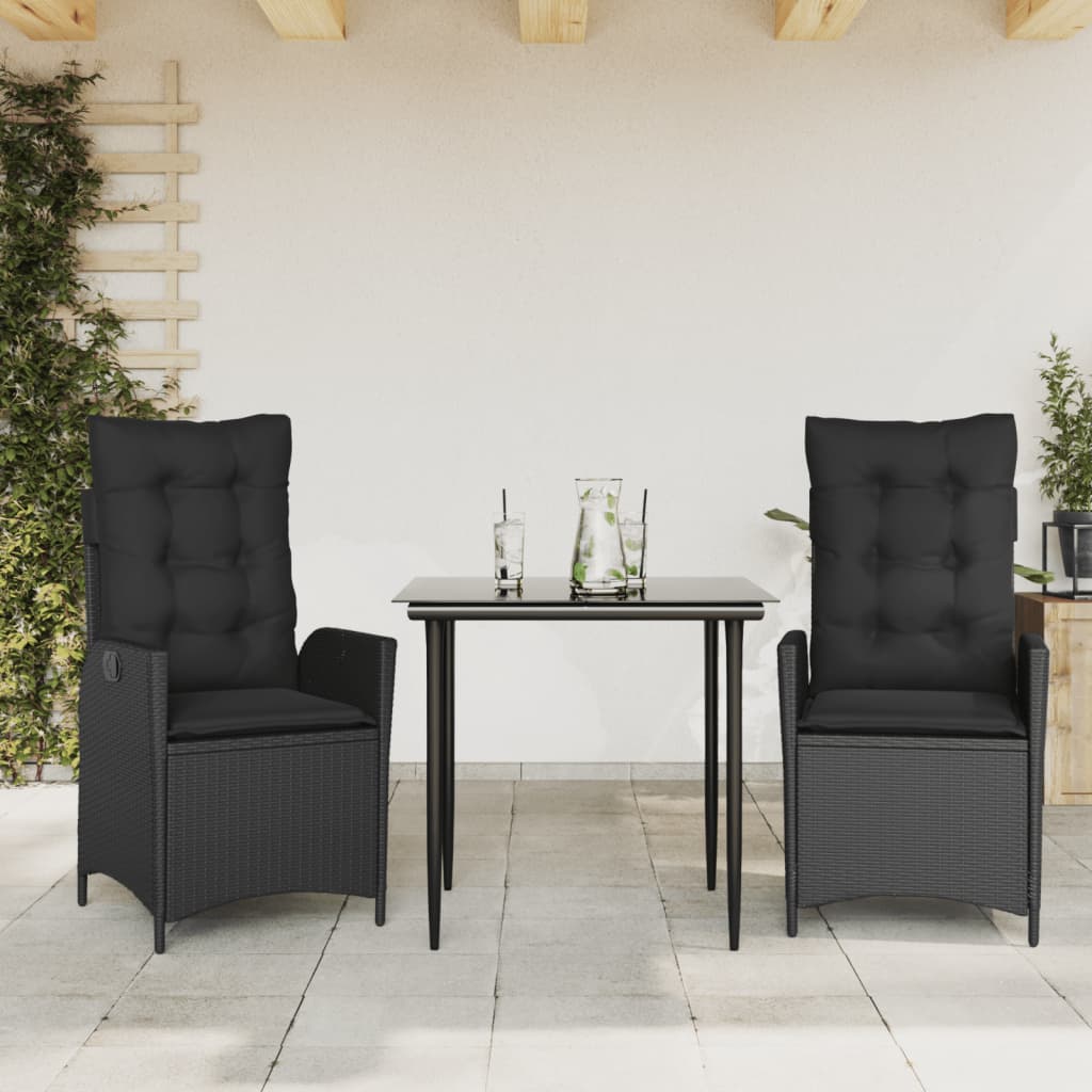Set mobilier de gradina cu perne, 3 piese, negru, poliratan — imaginea 2