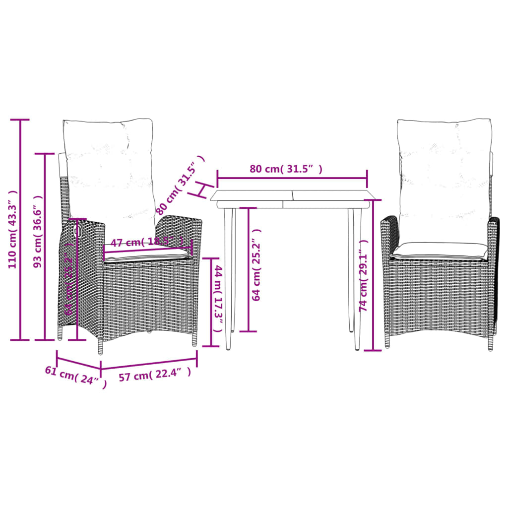 Set mobilier de gradina cu perne, 3 piese, negru, poliratan — imaginea 9