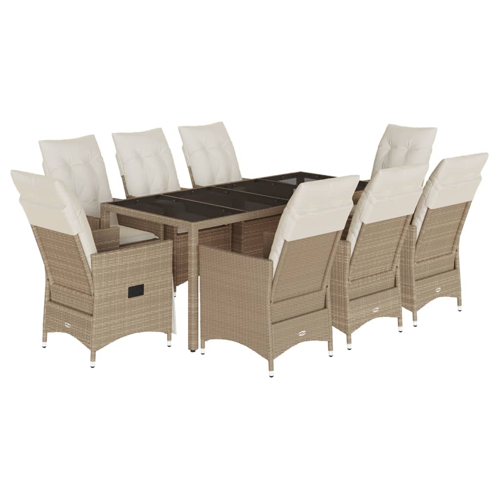 Set de masa pentru gradina, 9 piese, cu perne, bej, poliratan