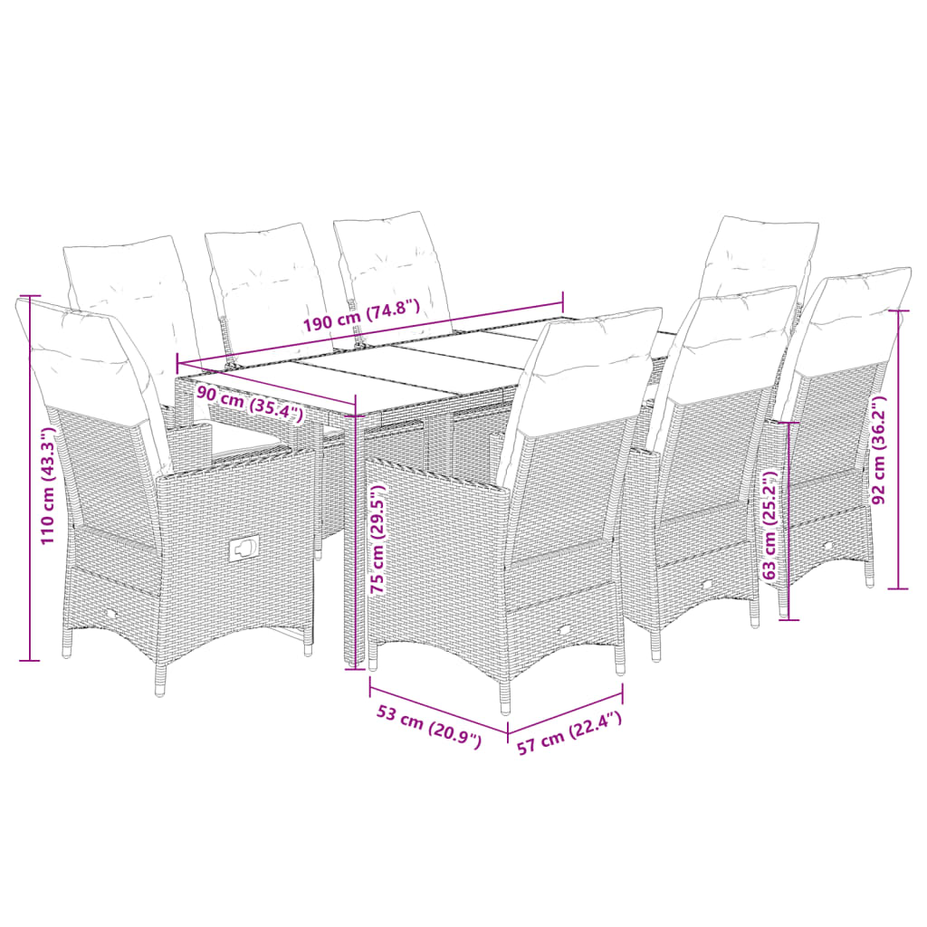 Set de masa pentru gradina, 9 piese, cu perne, bej, poliratan — imaginea 9