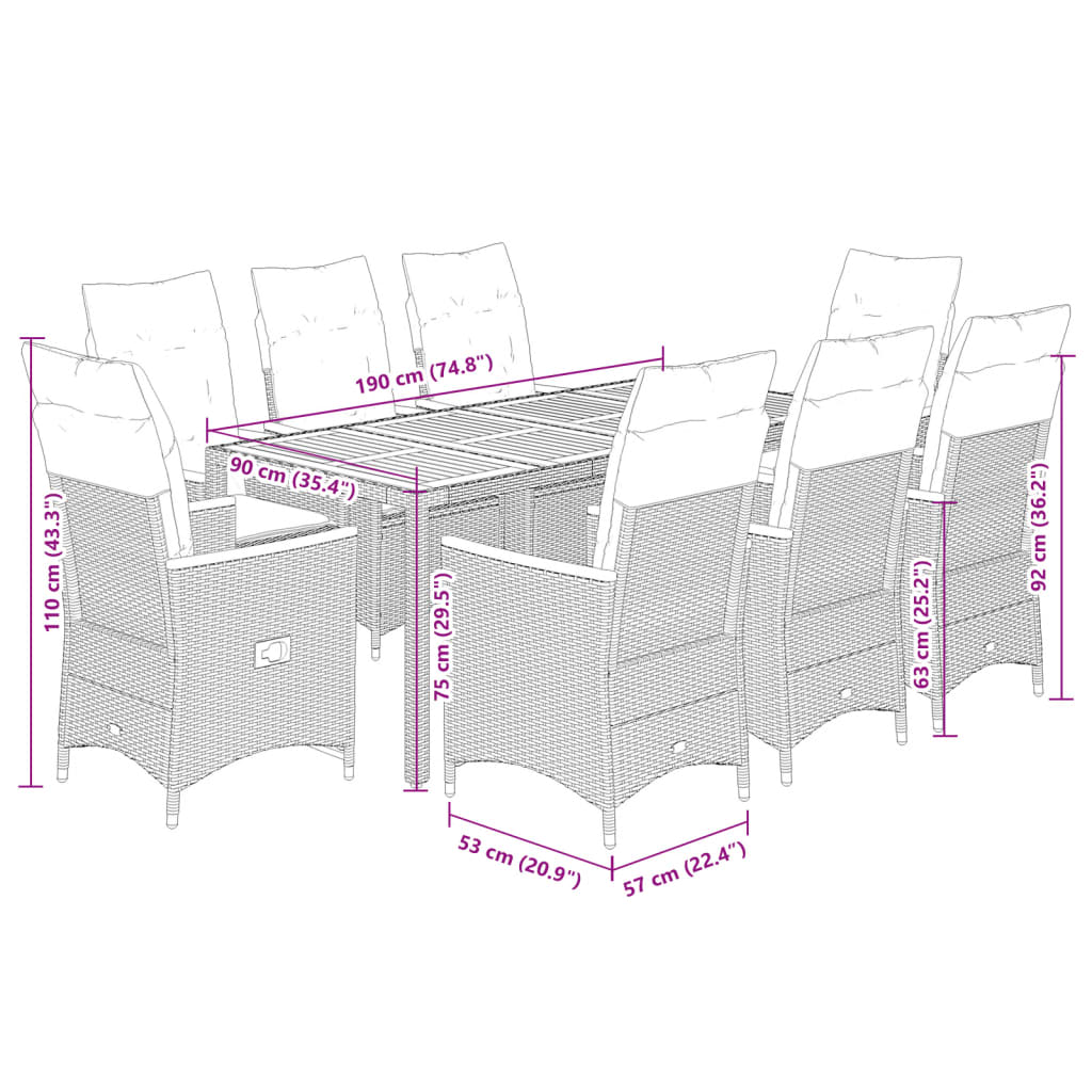 Set mobilier de gradina cu perne, 9 piese, negru, poliratan — imaginea 9