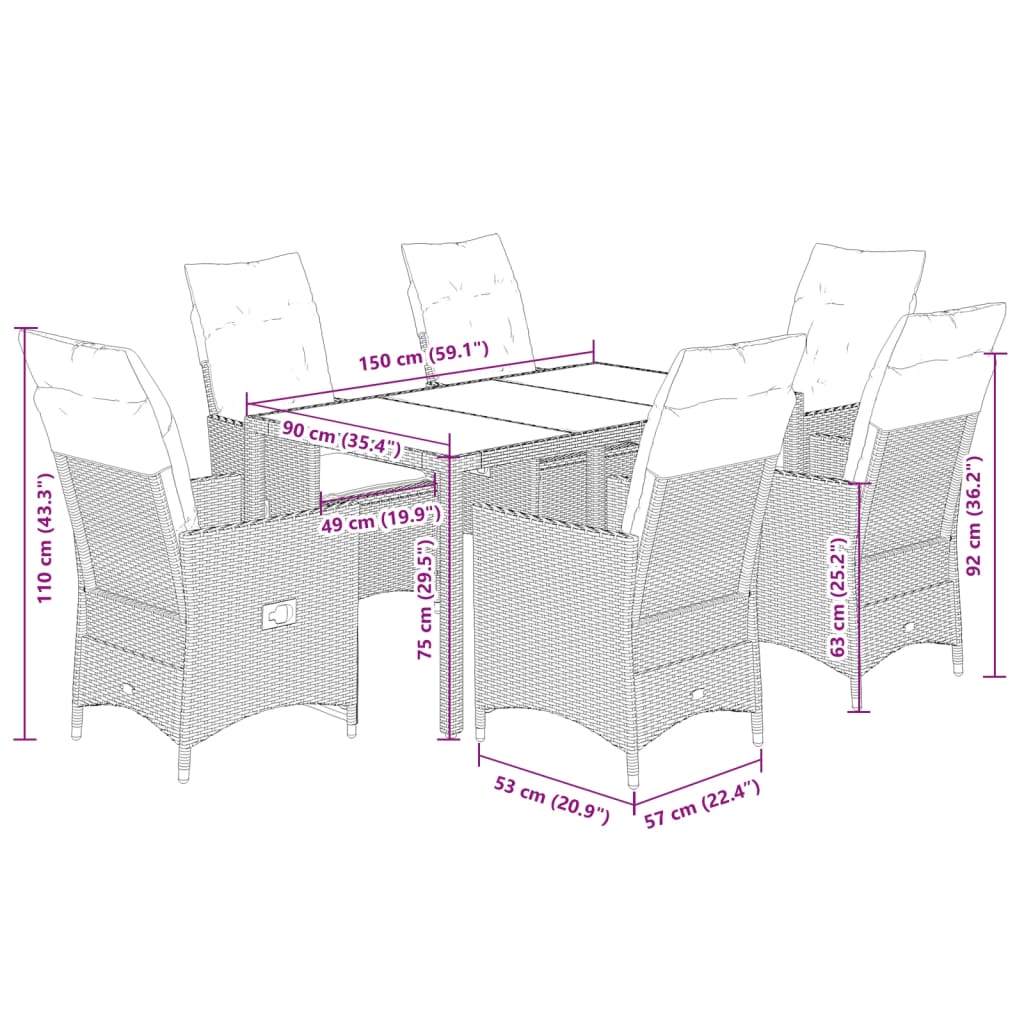 Set mobilier de gradina cu perne, 7 piese, negru, poliratan — imaginea 9