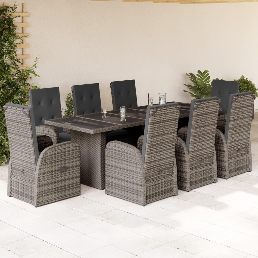 Set mobilier gradina cu perne, 9 piese, gri, poliratan — imaginea 2