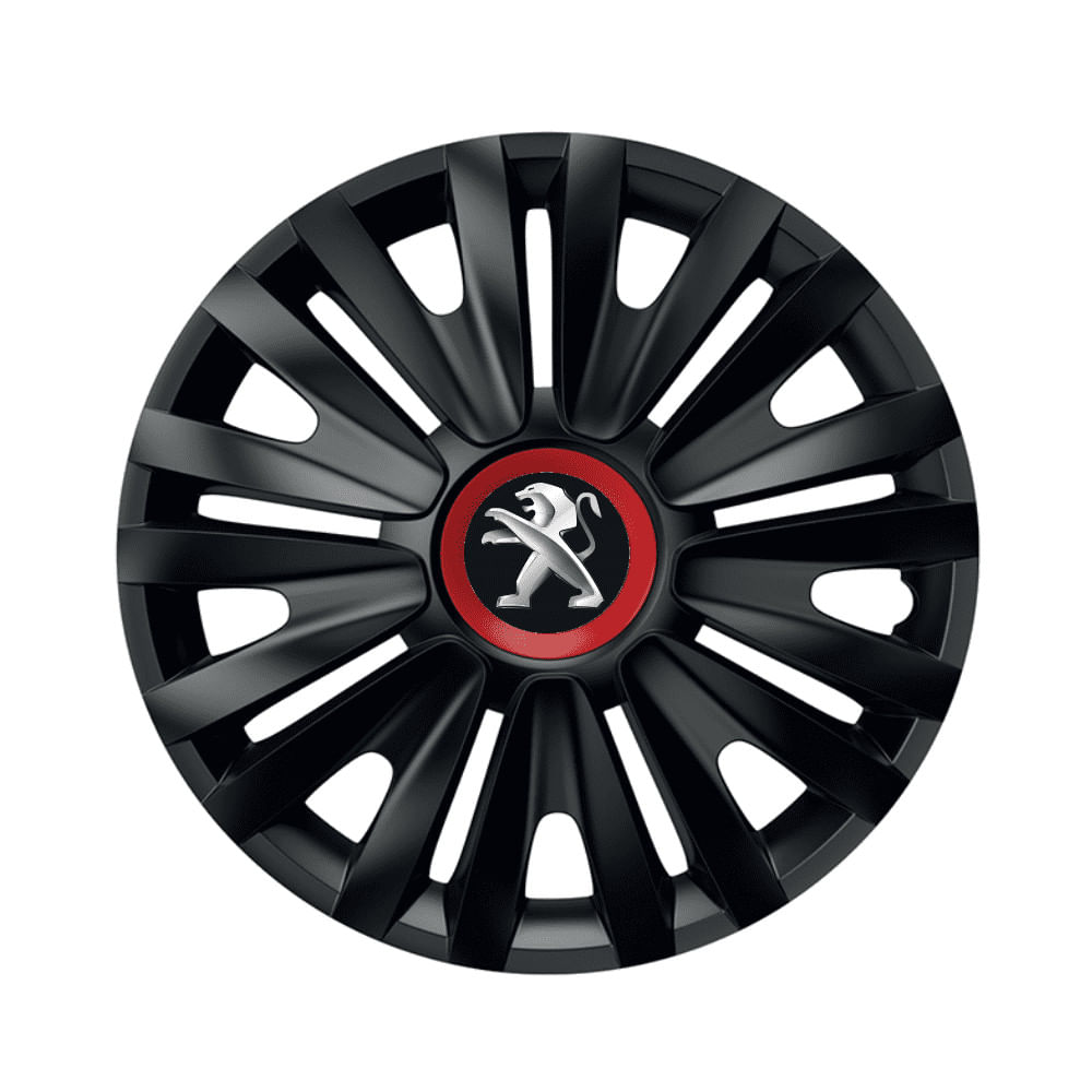 Set 4 capace roti Royal negru cu inel rosu pentru gama auto Peugeot, R15