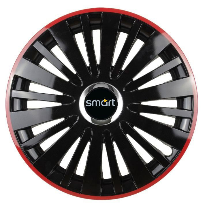 Set 4 capace roti rosu/negru cu inel cromat pentru gama auto Smart, R16