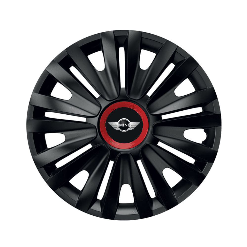 Set 4 capace roti Royal negru cu inel rosu pentru gama auto Mini Cooper, R16