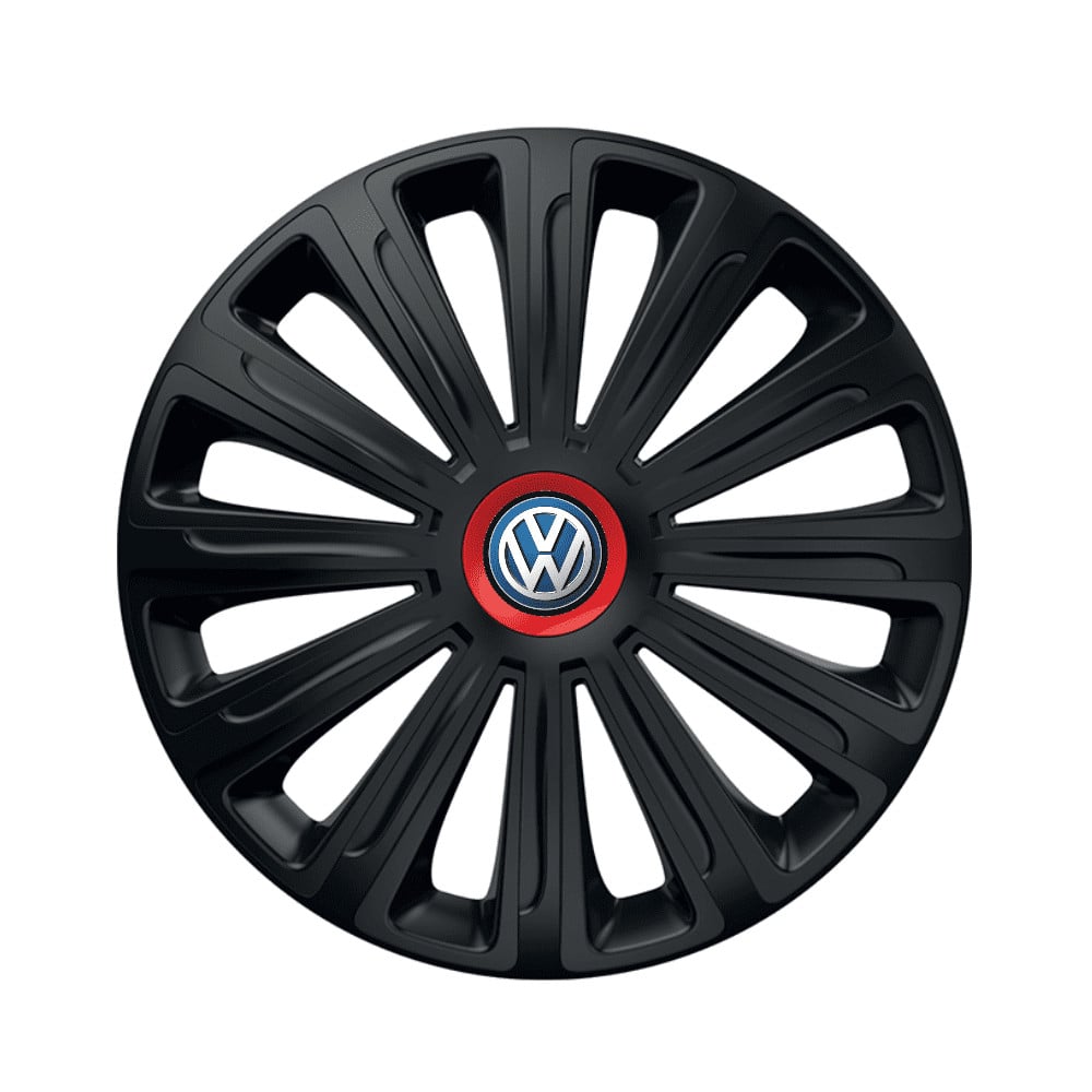 Set 4 capace roti pentru Volkswagen, model Trend negru cu inel Rosu, R16