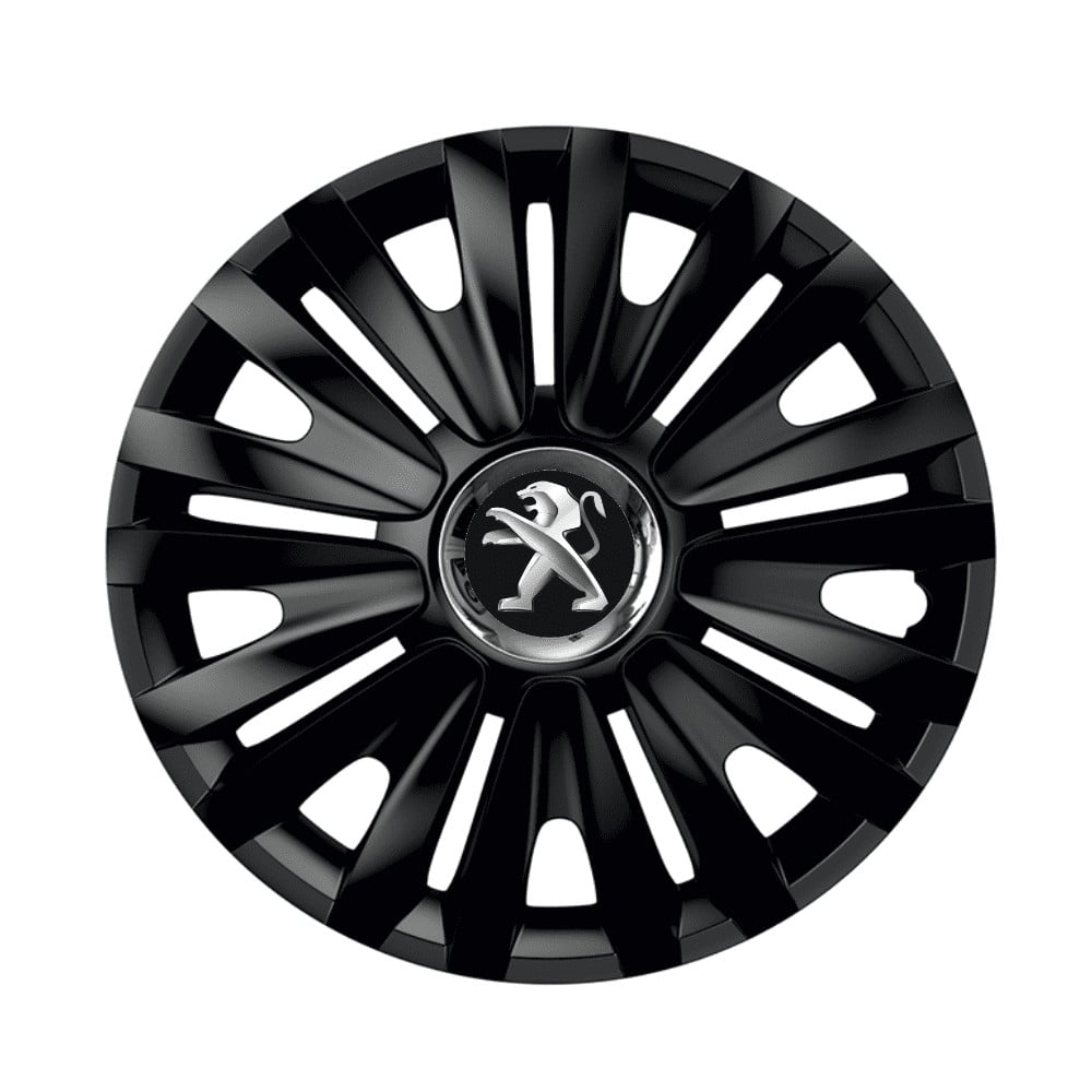 Set 4 capace roti Royal negru cu inel cromat pentru gama auto Peugeot, R16