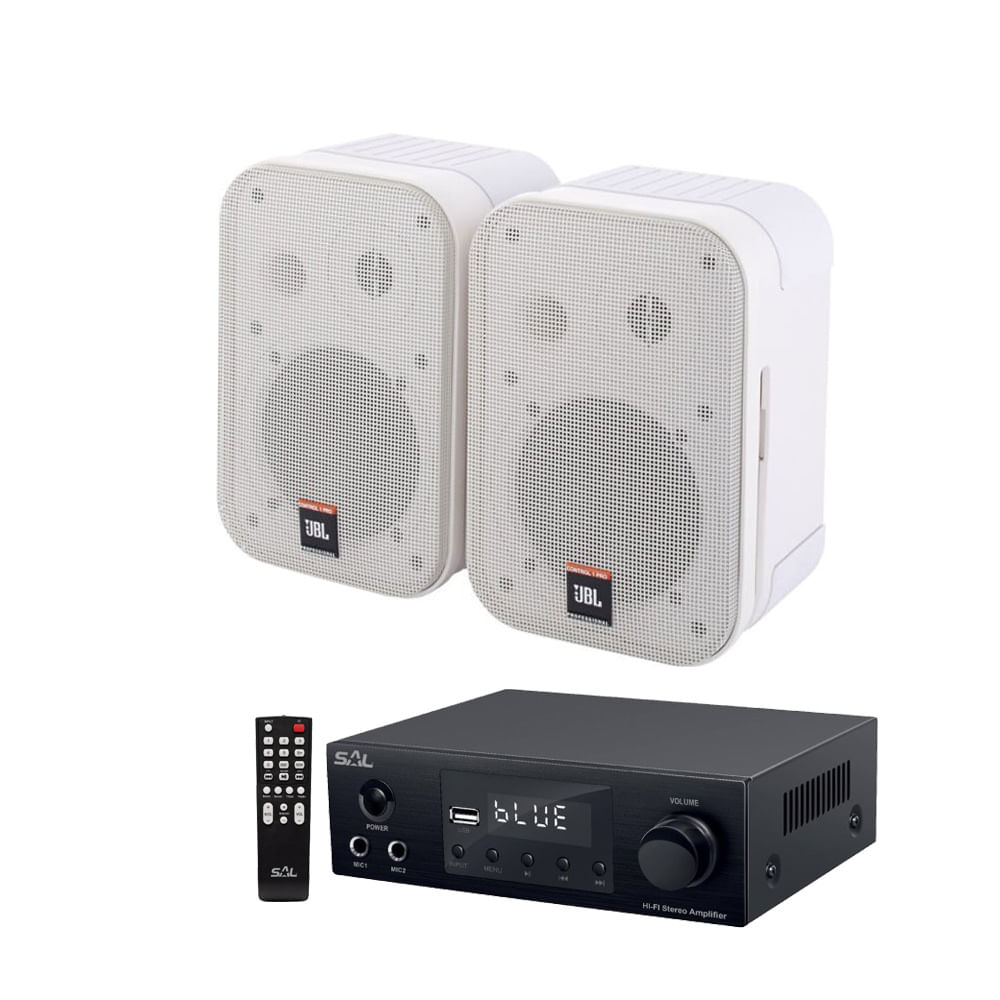 Sistem 2 boxe JBL Control 1 Pro alb cu Amplificator Bluetooth, USB, FM