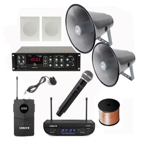 Sistem Sonorizare Biserica Interior-exterior, 2xBoxe Interior, 2xBoxe Horn exterior, Microfon de mana si Lavariera fata fir,Amplificator 45w, Cablu