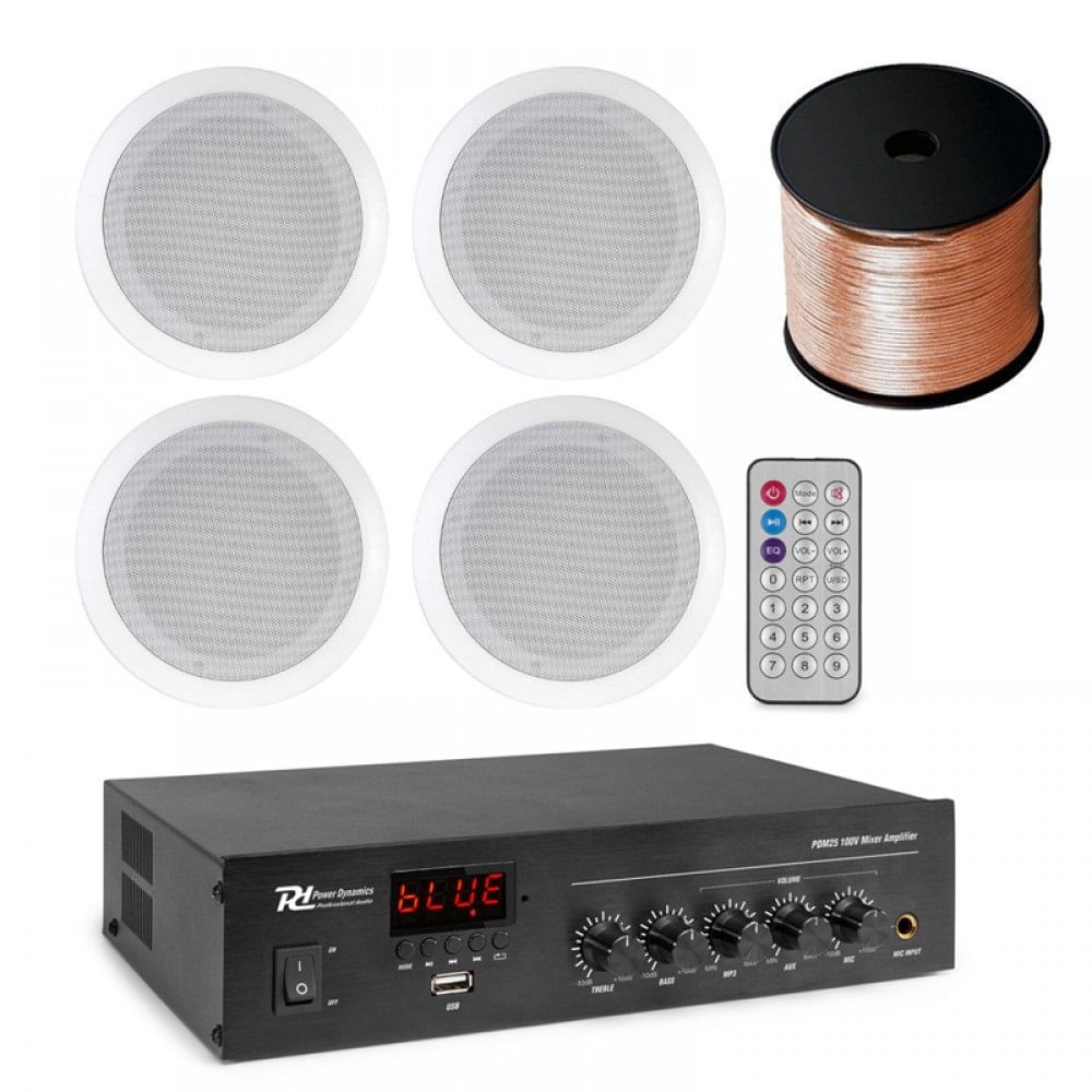 Sistem Audio cu 4 boxe albe incastrabile in tavan, 1 x Amplificator
