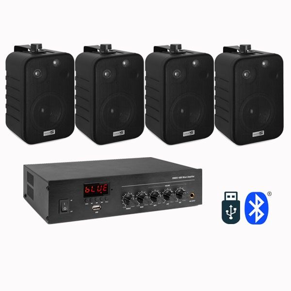 Sistem sonorizare cafenea 4 boxe negre aplicate, bluetooth, USB, FM