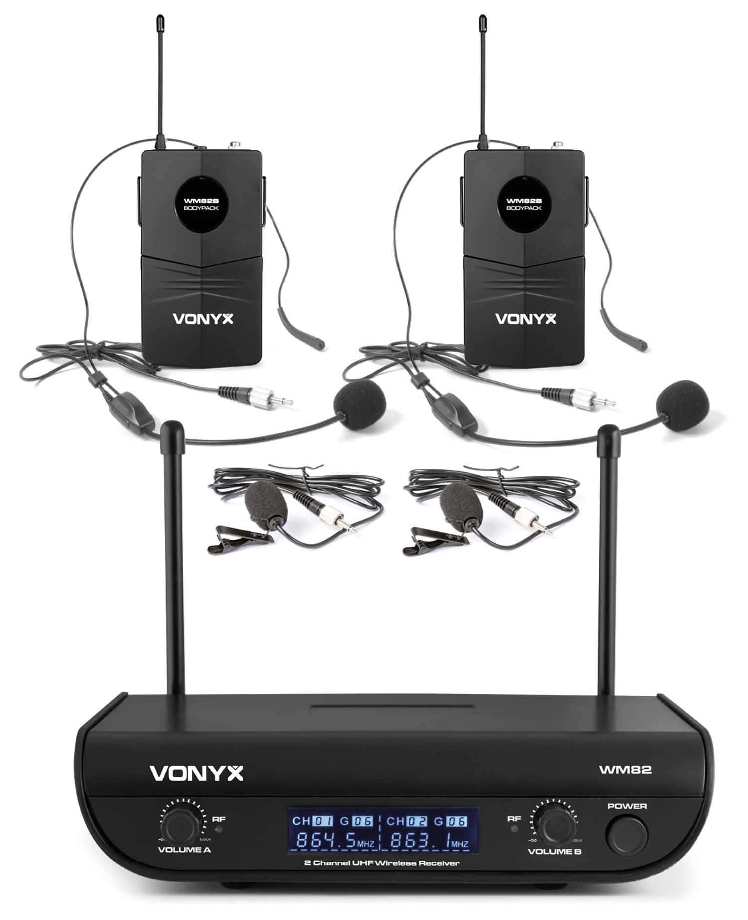 Set doua microfoane wireless Vonyx WM82B cu Lavaliera, headset