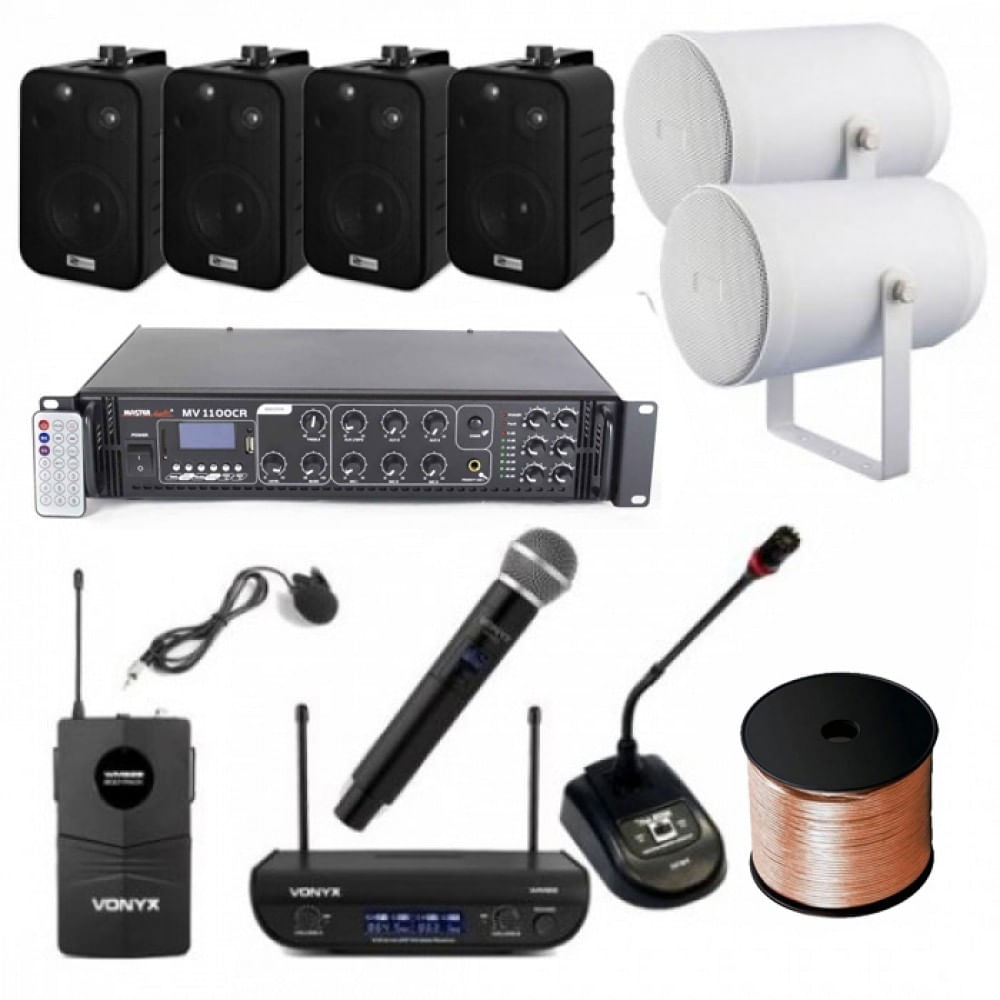 Kit Instalatie Biserica cu 4 boxe negre interior, 2 boxe albe exterior, 3 microfoane, 100m cablu, mixer amplificat