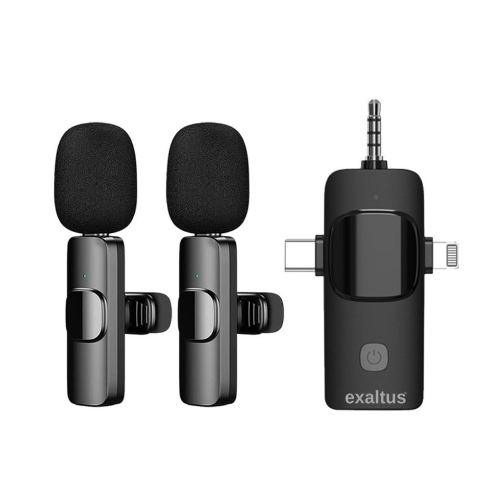 Set 2 microfoane profesionale lavaliera, Exaltus®, USB C, 3.5 Jack, Lightning, Wireless live, 2.4 GHz, interviuri