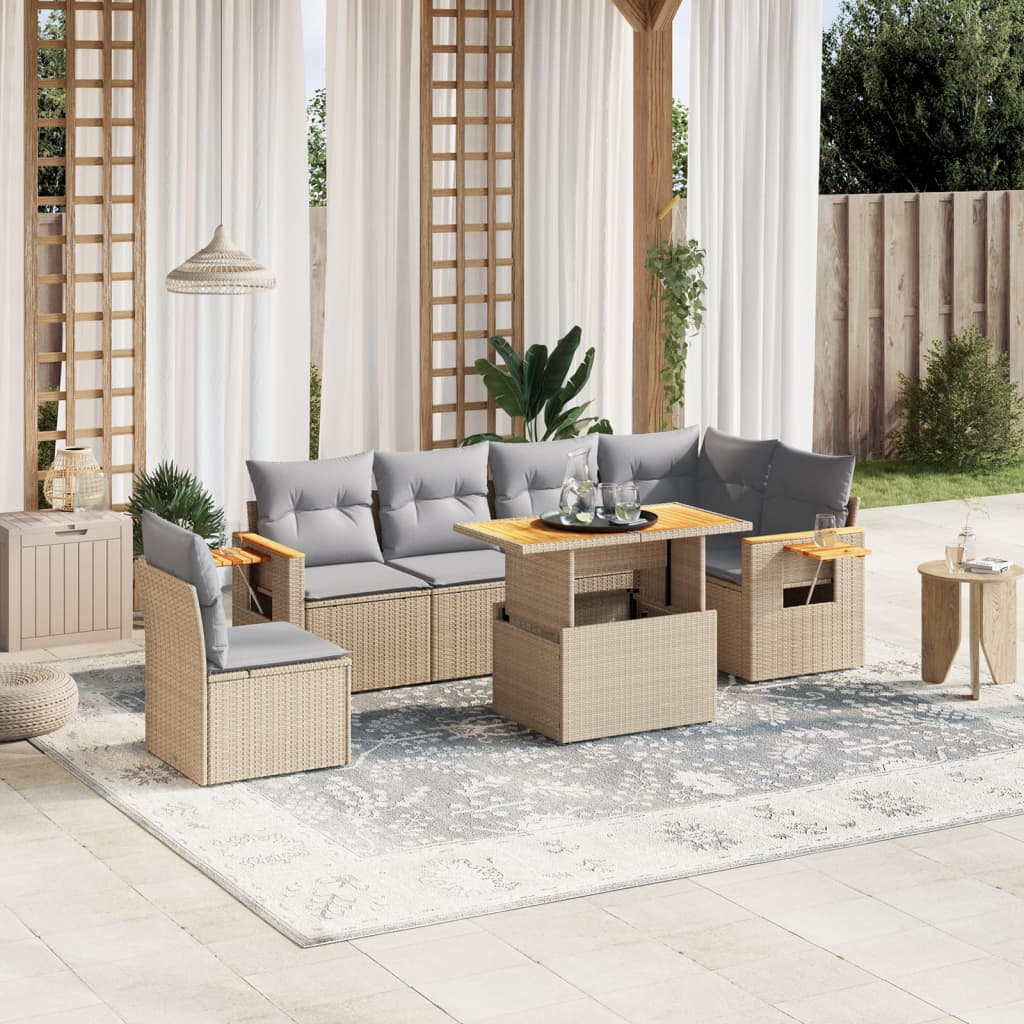 Set canapele de gradina, 7 piese, cu perne, bej, poliratan — imaginea 2