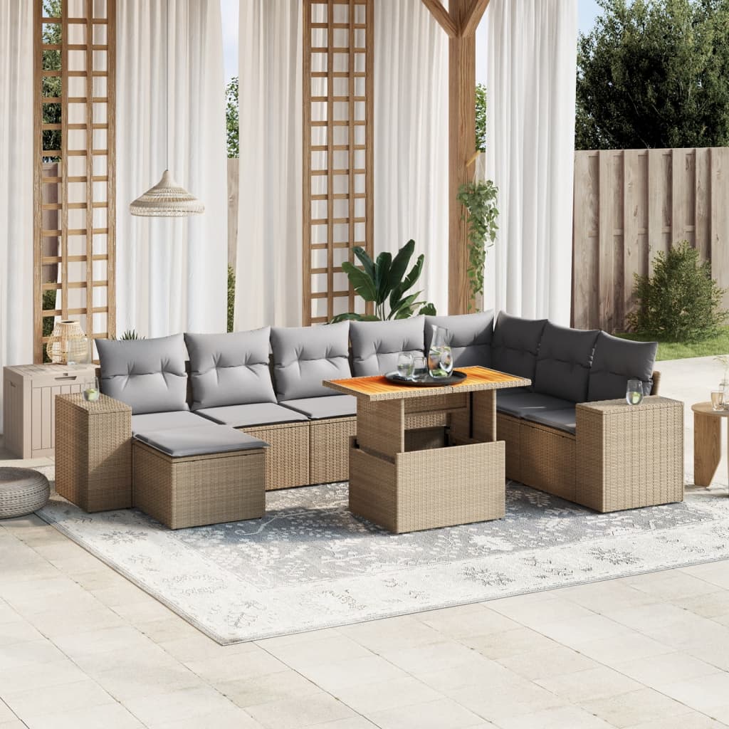 Set canapele de gradina, 9 piese, cu perne, bej, poliratan — imaginea 2