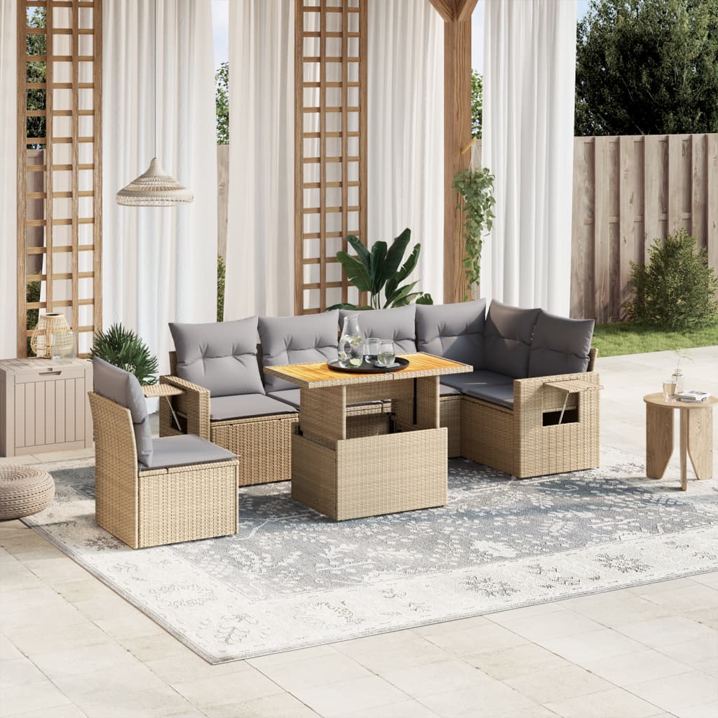 Set canapele de gradina, 7 piese, cu perne, bej, poliratan — imaginea 2