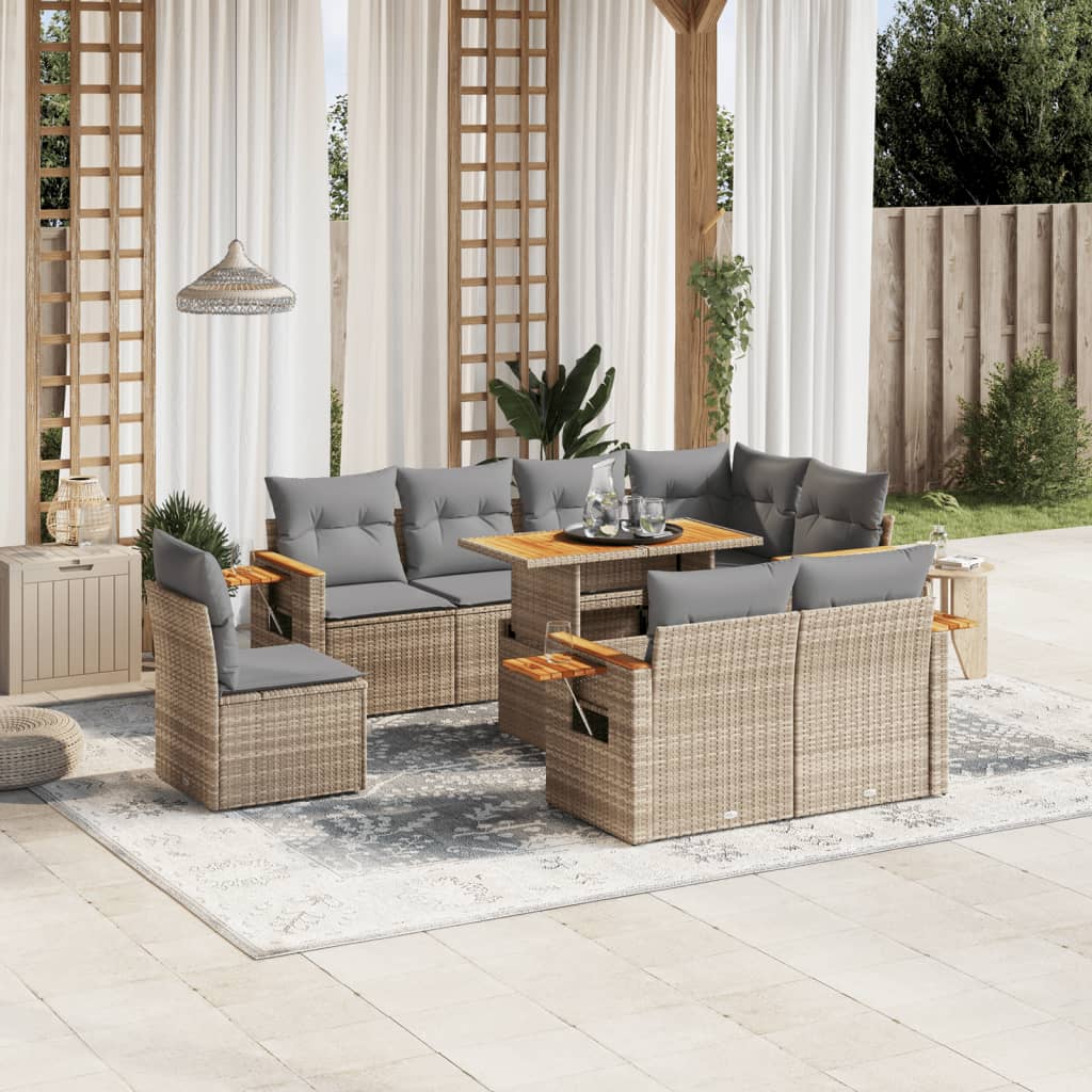 Set canapele de gradina, 9 piese, cu perne, bej, poliratan — imaginea 2