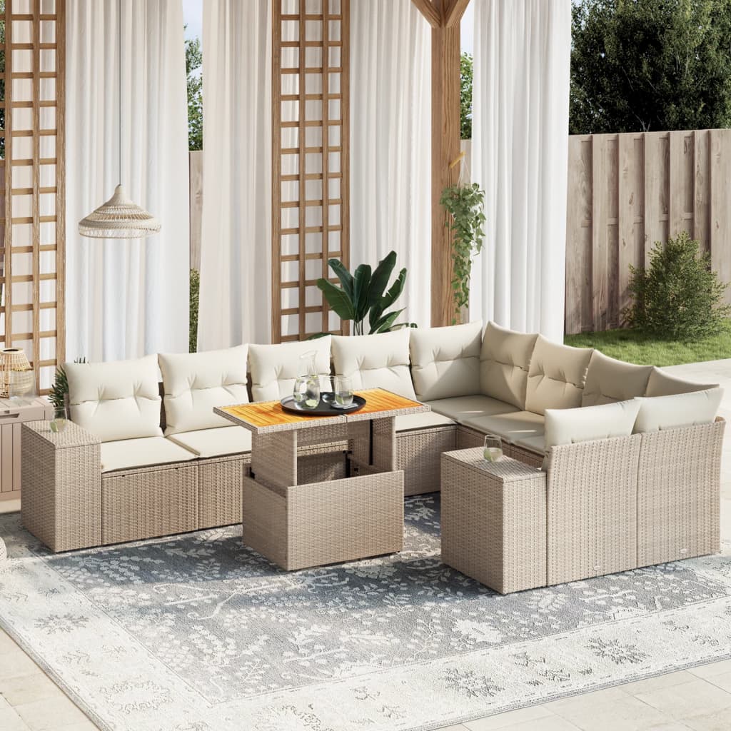 Set canapele de gradina cu perne, 10 piese, bej, poliratan — imaginea 2