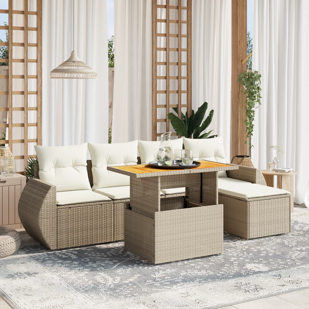 Set canapele de gradina cu perne, 6 piese, bej, poliratan — imaginea 2