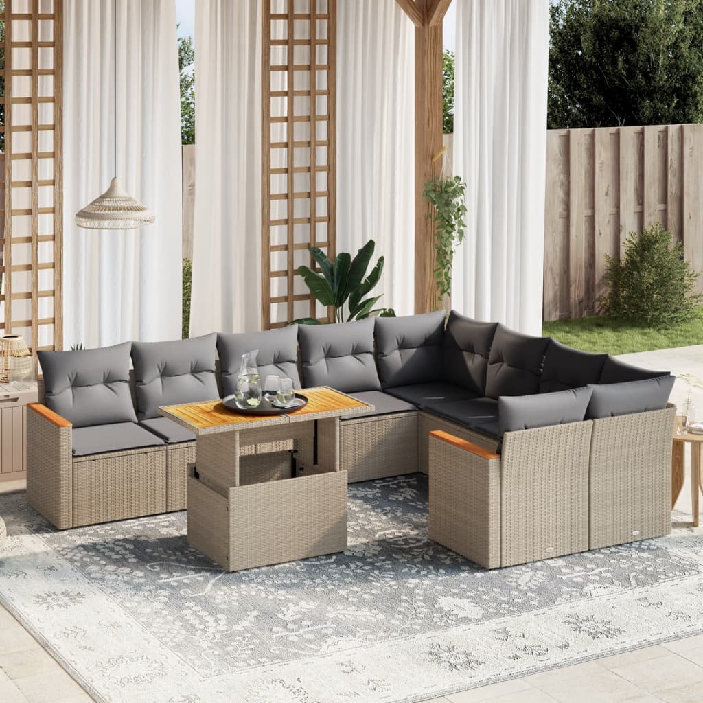 Set canapele de gradina cu perne, 10 piese, bej, poliratan — imaginea 2