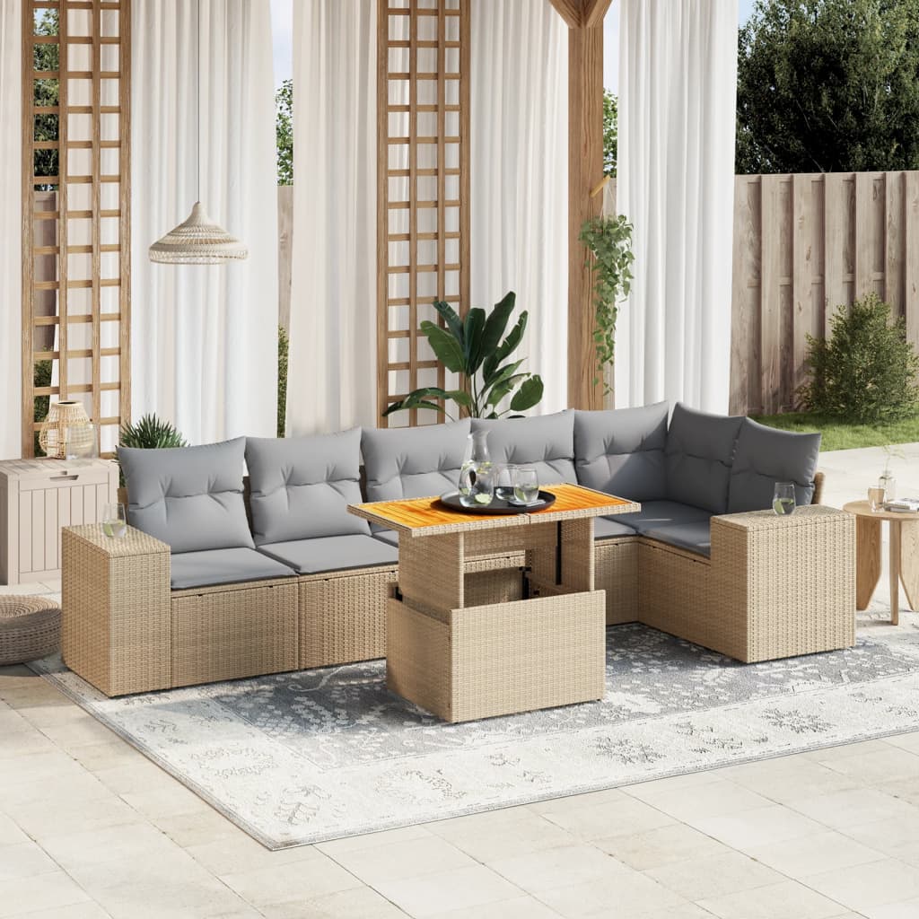 Set canapele de gradina, 7 piese, cu perne, bej, poliratan — imaginea 2