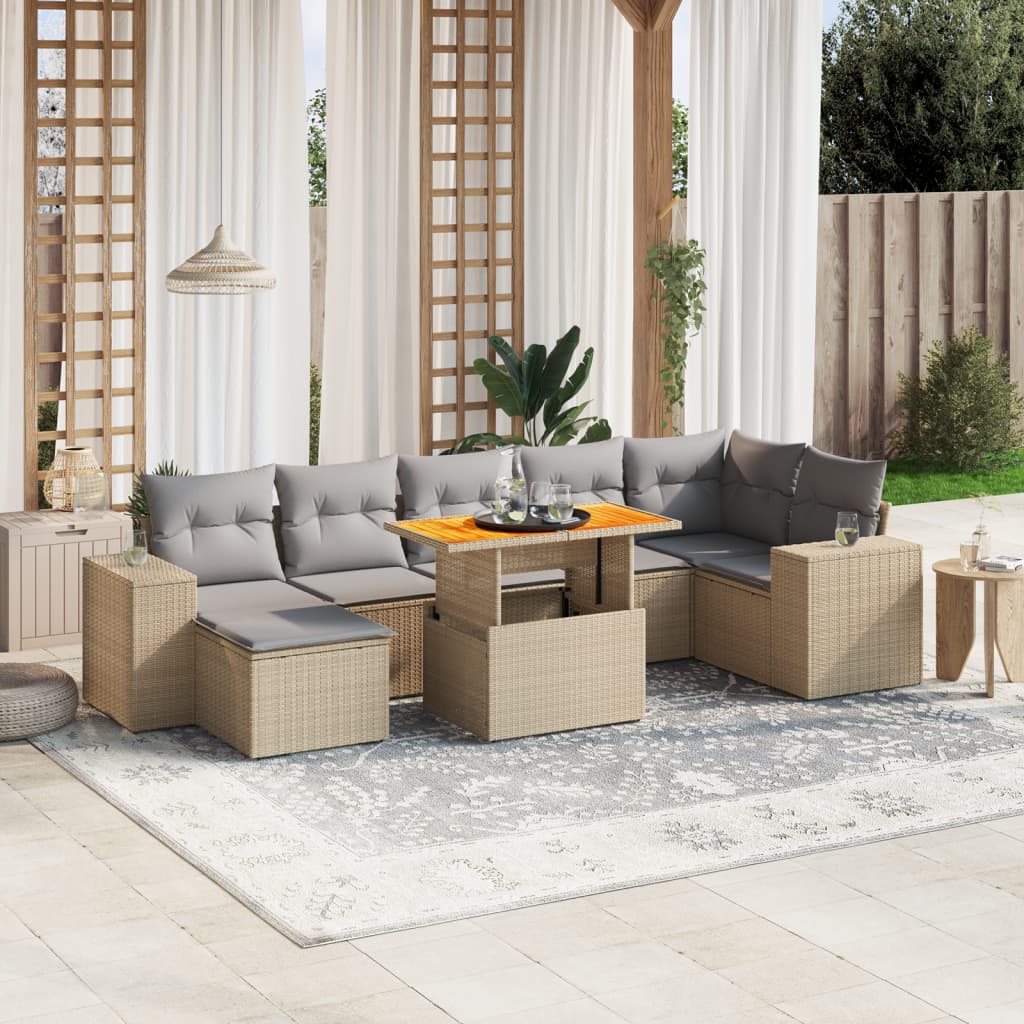 Set canapele de gradina, 8 piese, cu perne, bej, poliratan — imaginea 2
