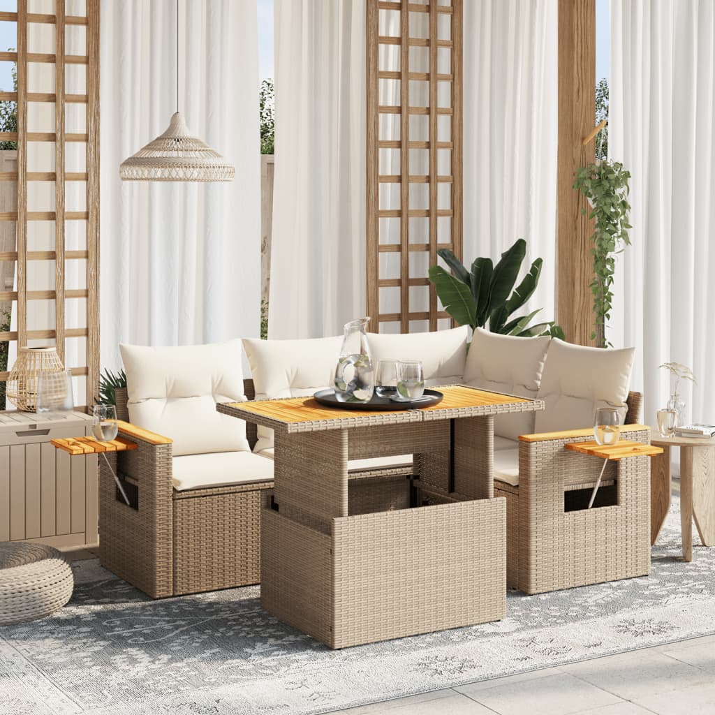 Set canapele de gradina cu perne, 5 piese, bej, poliratan — imaginea 2