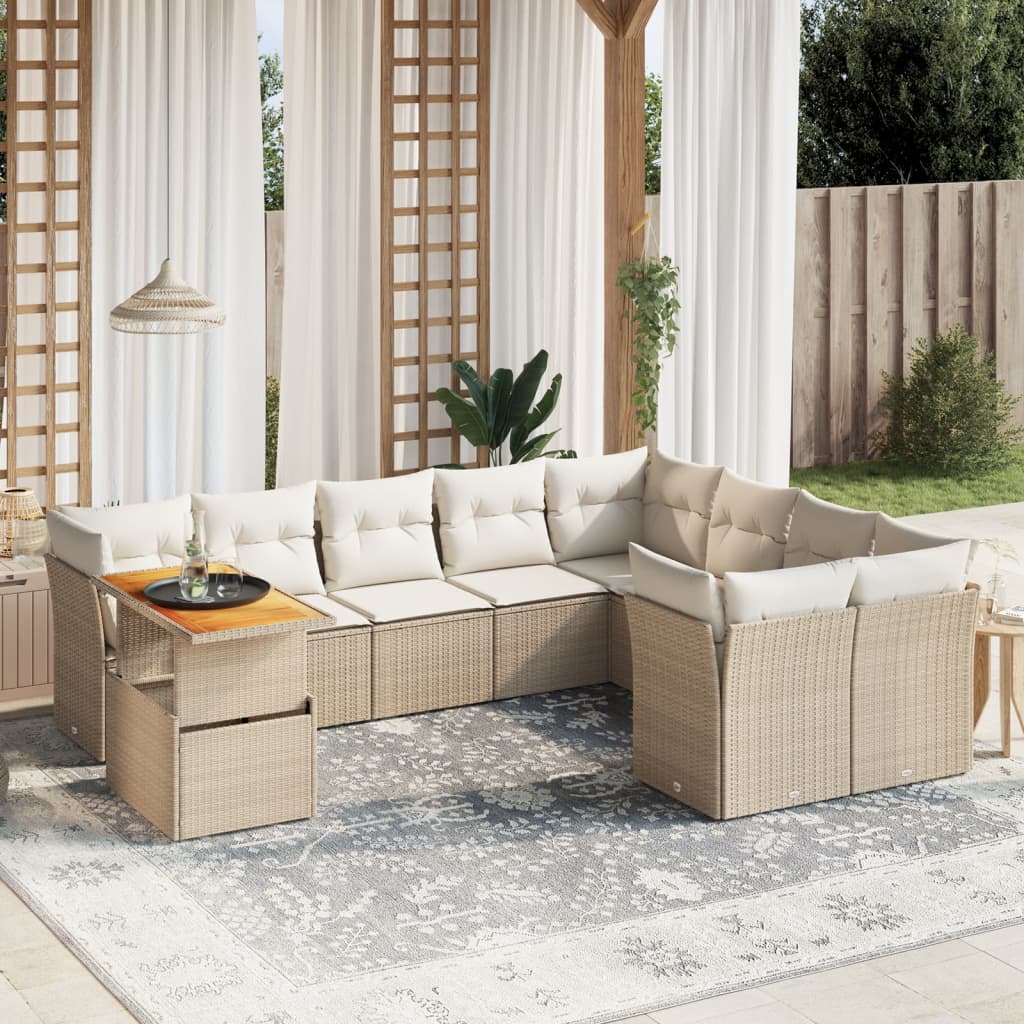 Set canapele de gradina cu perne, 10 piese, bej, poliratan — imaginea 2