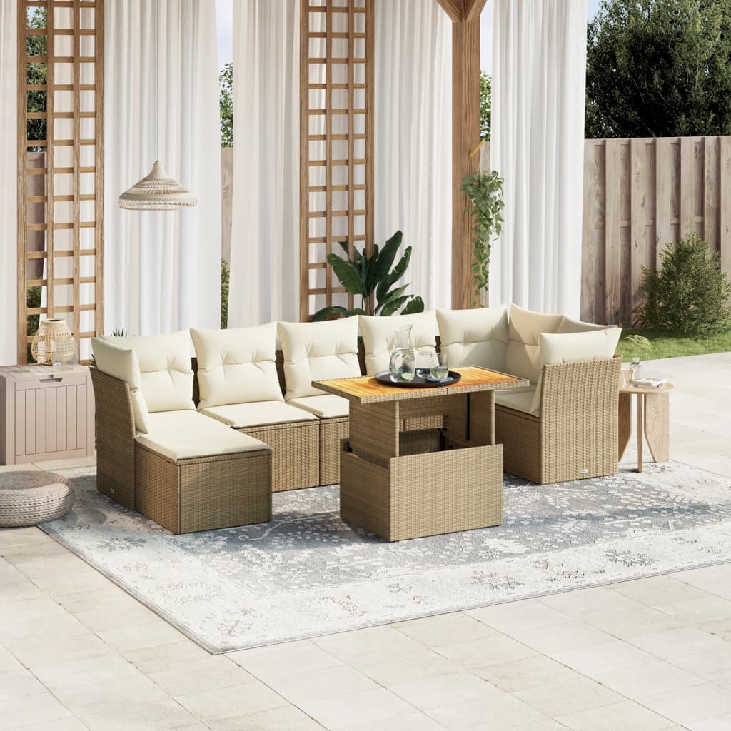 Set canapele de gradina, 8 piese, cu perne, bej, poliratan — imaginea 2