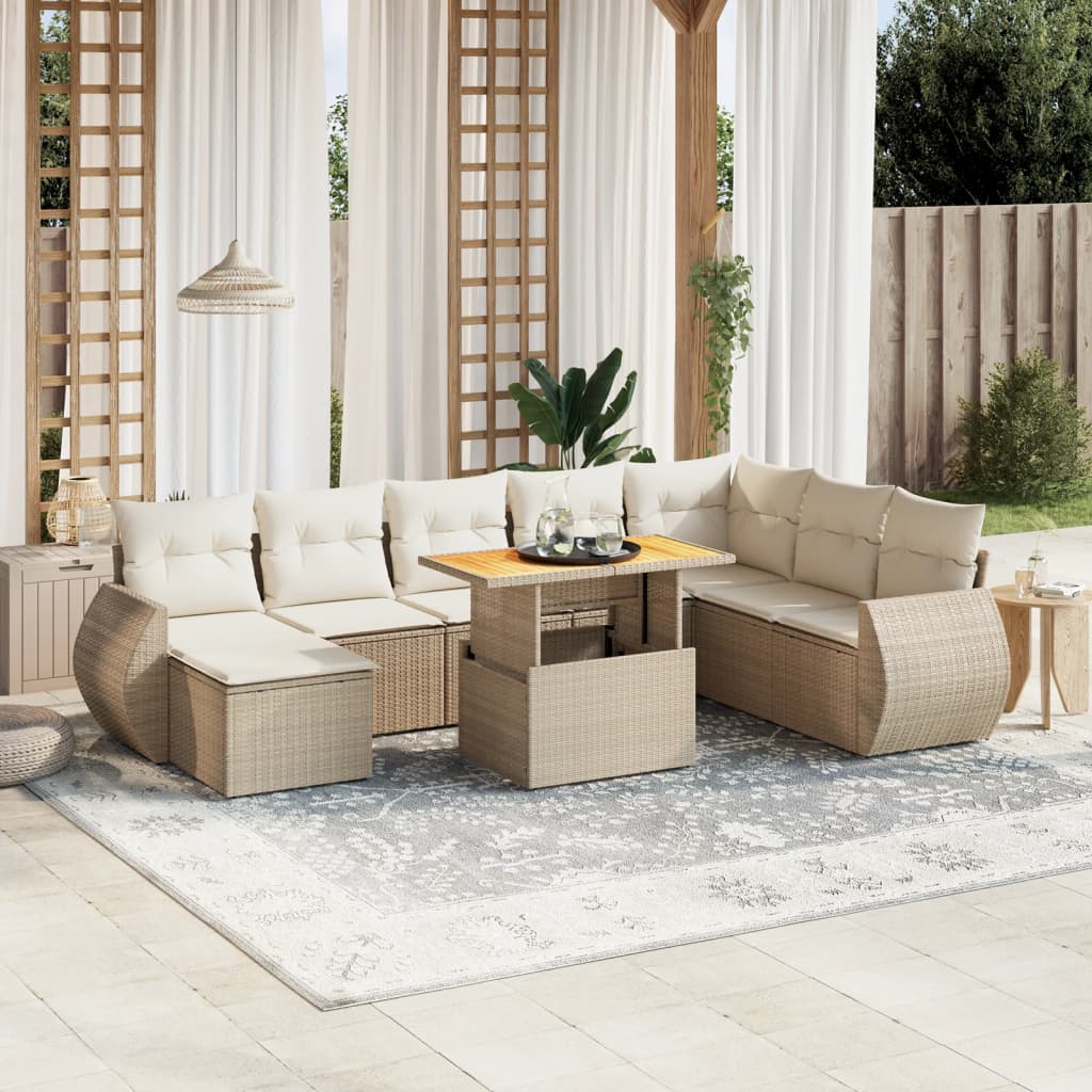Set canapele de gradina, 9 piese, cu perne, bej, poliratan — imaginea 2