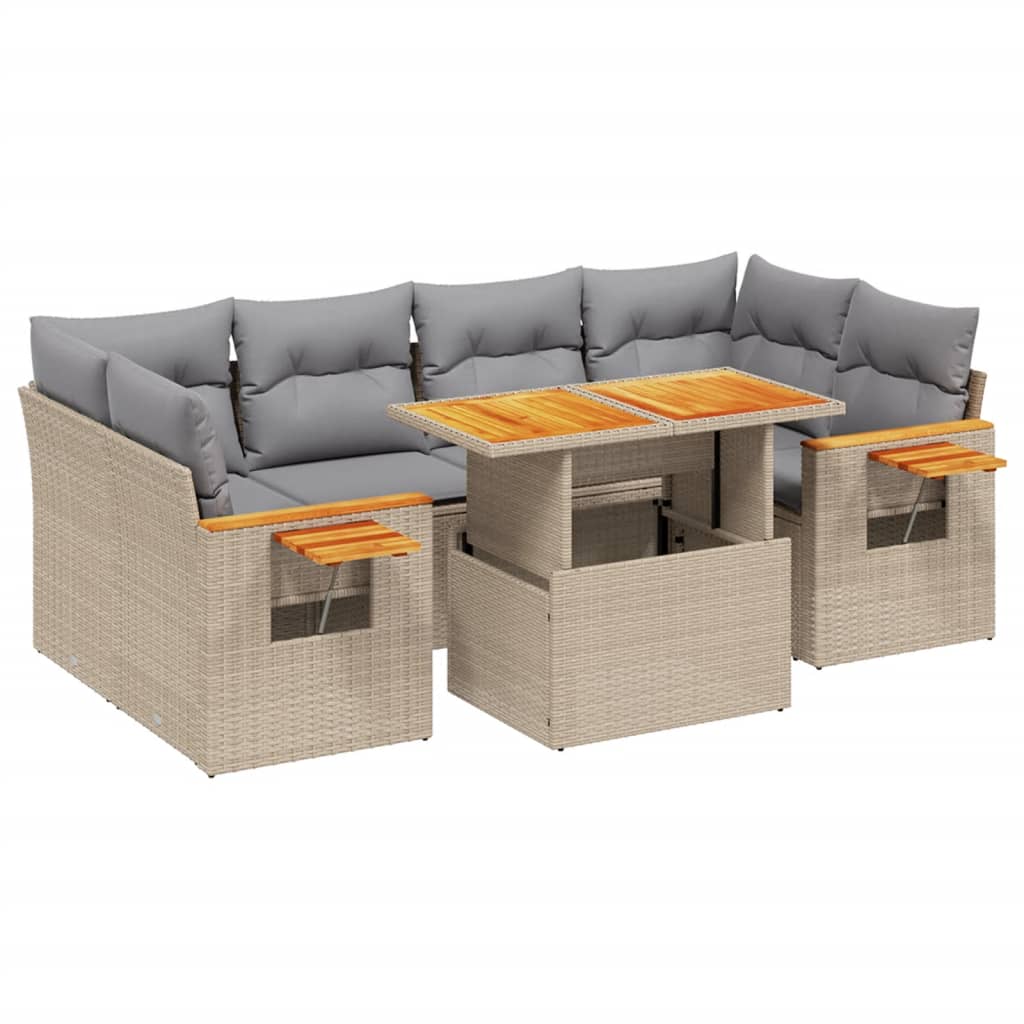 Set canapele de gradina, 7 piese, cu perne, bej, poliratan