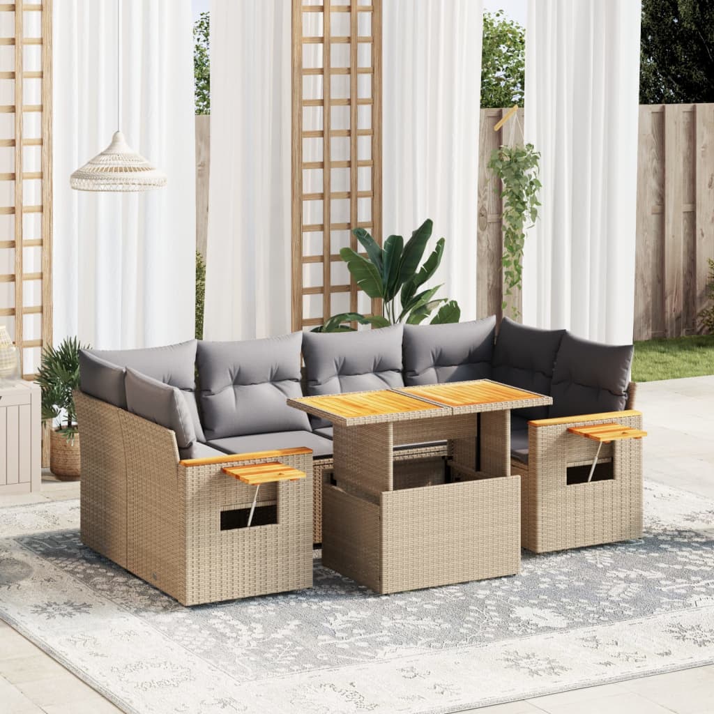 Set canapele de gradina, 7 piese, cu perne, bej, poliratan — imaginea 2
