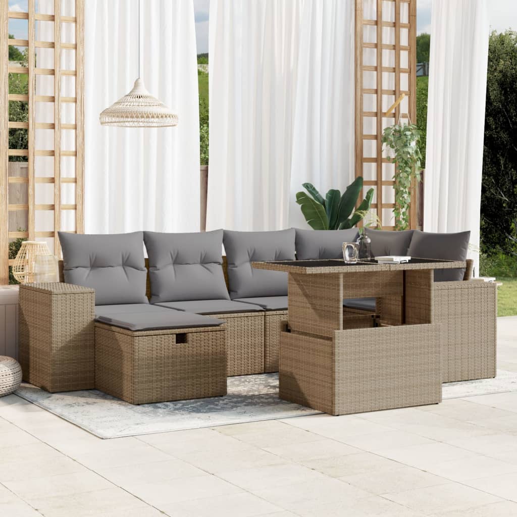 Set canapele de gradina, 7 piese, cu perne, bej, poliratan — imaginea 2