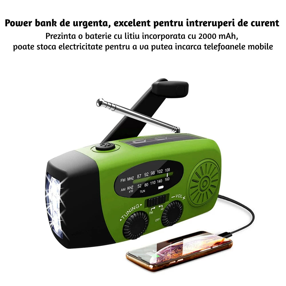 Radio Portabil cu incarcare solara, USB si manivela,2000 mAh, functie Power Bank, impermeabil si lanterna, culoare verde - 2 | YEO