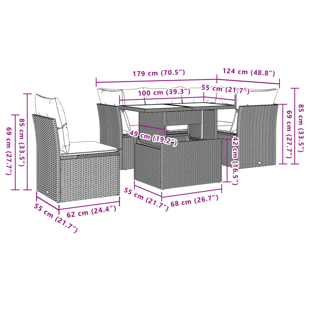 Set canapele de gradina cu perne, 6 piese, bej, poliratan — imaginea 9