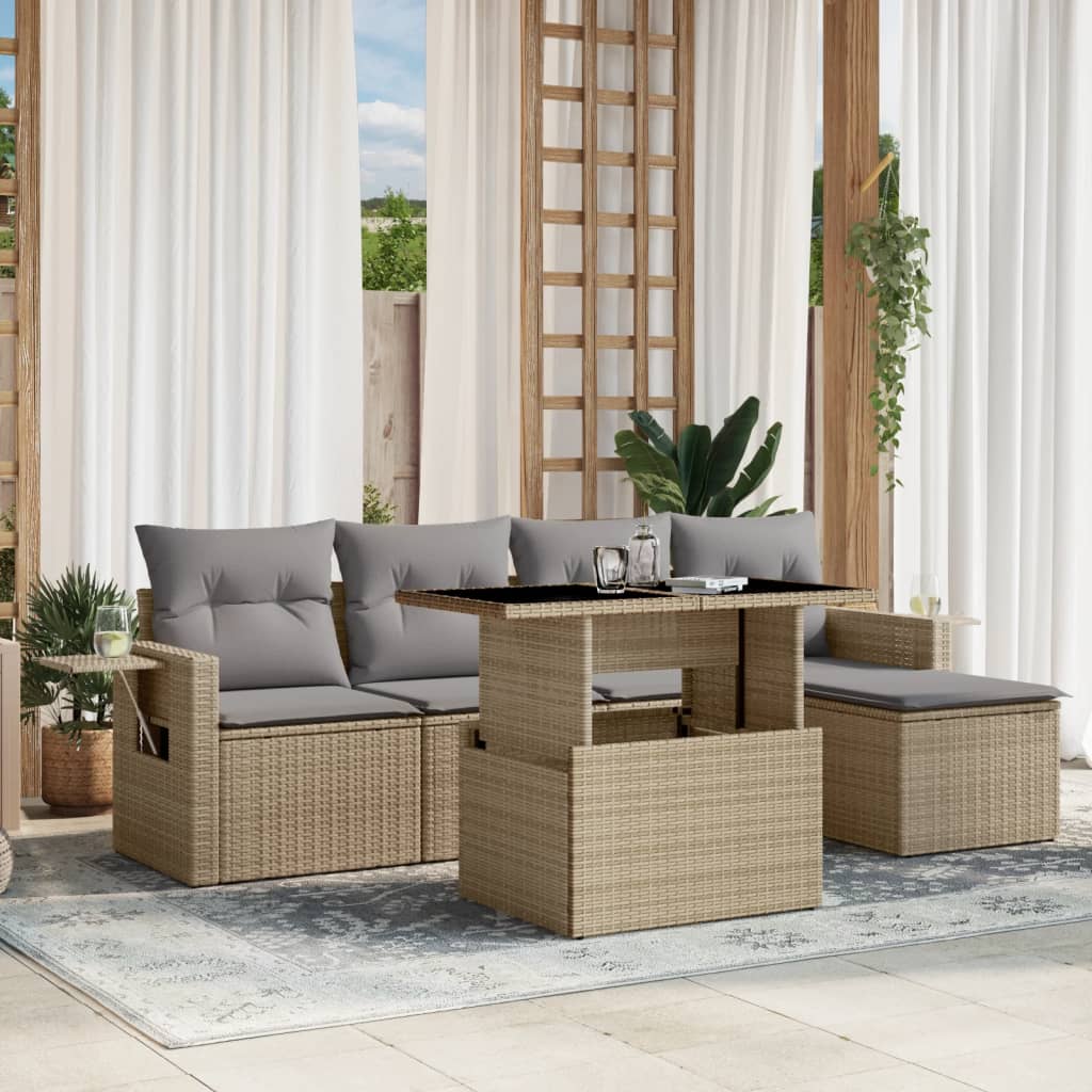 Set canapele de gradina cu perne, 6 piese, bej, poliratan — imaginea 2
