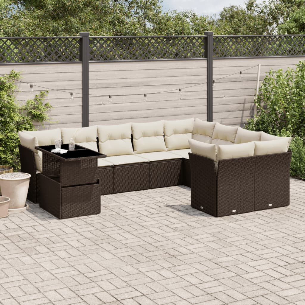 Set canapele de gradina cu perne, 10 piese, maro, poliratan — imaginea 2