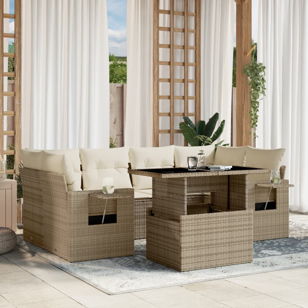 Set canapele de gradina, 7 piese, cu perne, bej, poliratan — imaginea 2