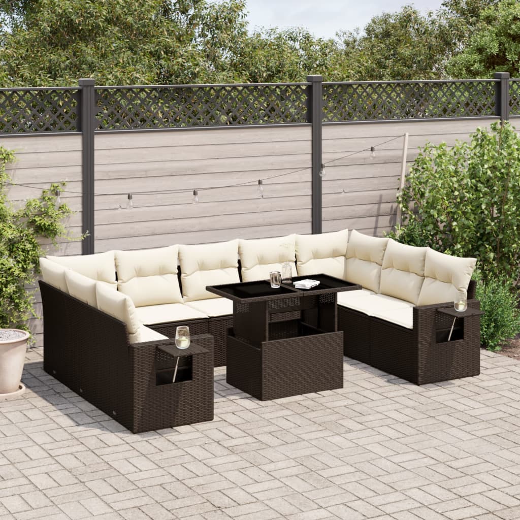Set canapele de gradina cu perne, 10 piese, maro, poliratan — imaginea 2